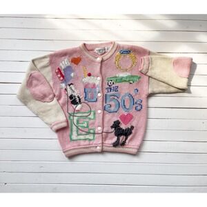 Eagles Eye sweater vtg 50s novelty‎ print pink jukebox poodle hand knit cardigan
